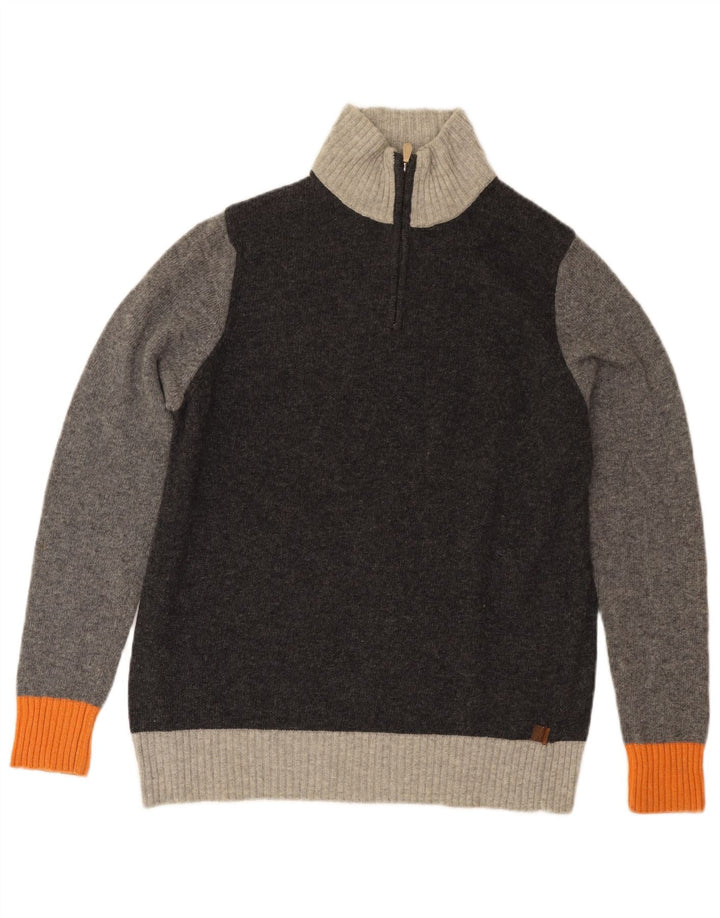 Suéter masculino TRUSSARDI com zíper e gola em bloco de lã cinza médio