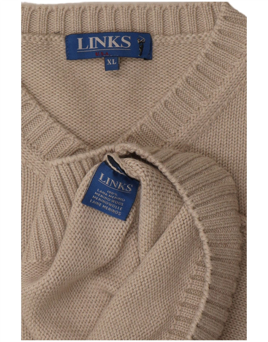 Suéter masculino vintage com decote em V XL lã Merino cinza