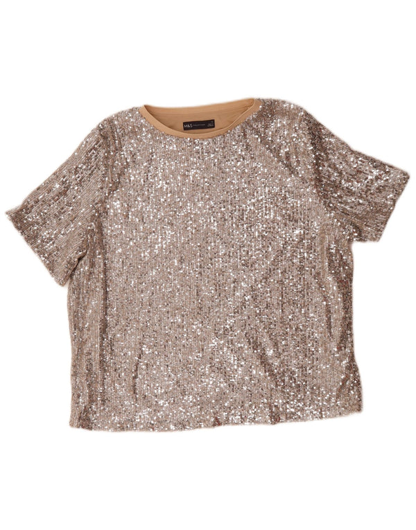 Blusa feminina de lantejoulas Marks & Spencer grande tamanho Reino Unido 16 grande prateada