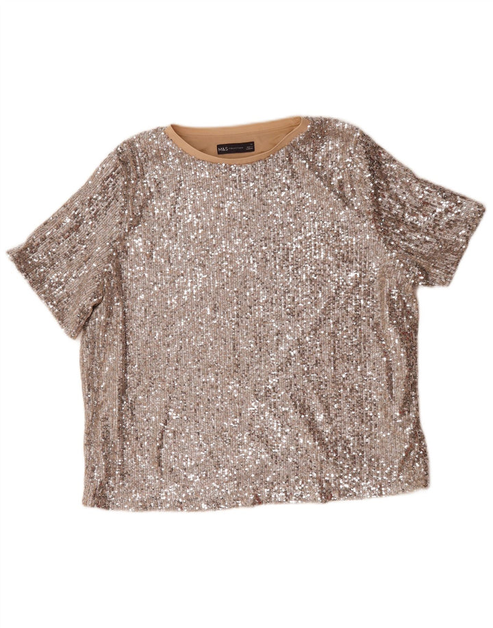 Blusa feminina de lantejoulas Marks & Spencer grande tamanho Reino Unido 16 grande prateada