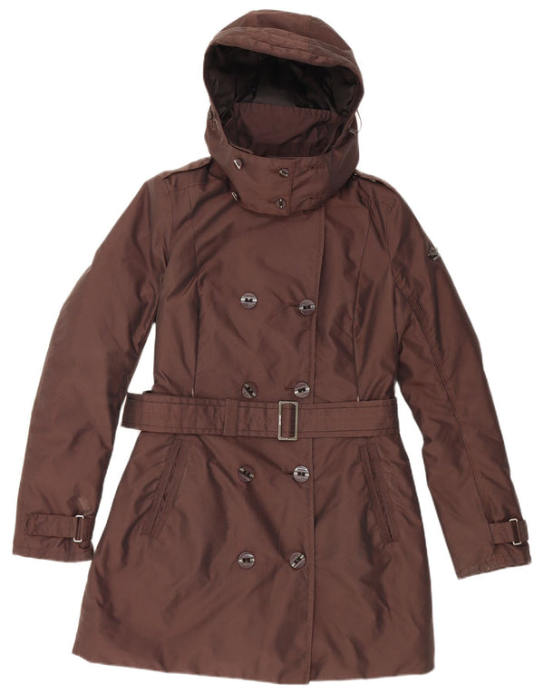 Casaco acolchoado com capuz duplo vintage feminino Reino Unido 10 pequeno marrom nylon