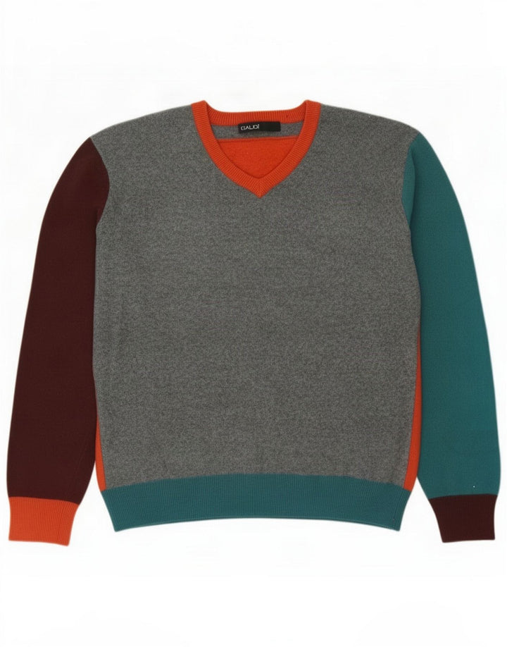 Gaudi Suéter masculino gráfico com decote em V grande bloco colorido multicolorido