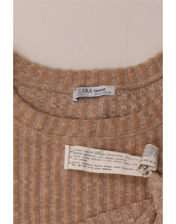 Zara Suéter feminino cropped superdimensionado com gola redonda Reino Unido 14 médio bege