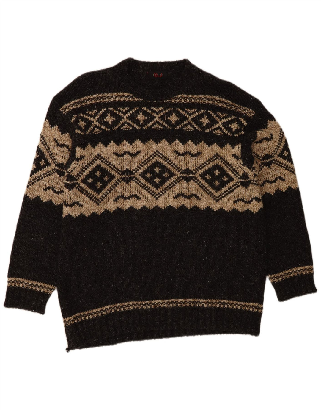 Suéter vintage masculino com gola redonda, grande lã Fair Isle cinza