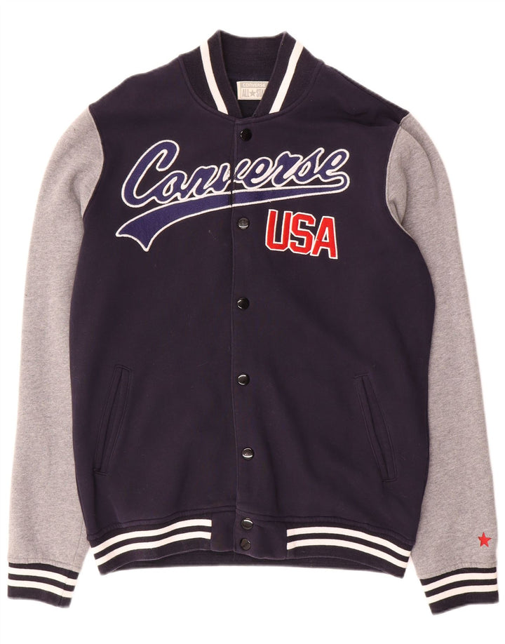 Jaqueta masculina Converse Graphic Varsity UK 40 grande bloco colorido azul marinho