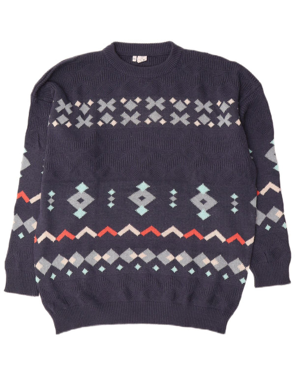 Suéter vintage masculino com gola redonda 2XL algodão geométrico azul marinho