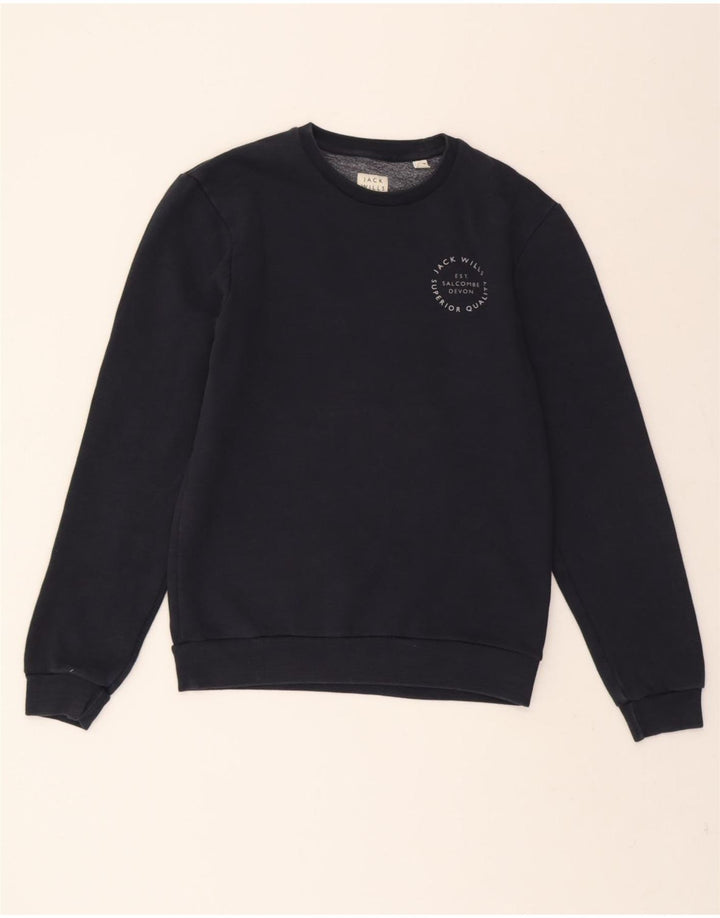 JACK WILLS Mens Graphic Sweatshirt Jumper Small Navy Blue Cotton Vintage Jack Wills and Second-Hand Jack Wills from Messina Hembry 