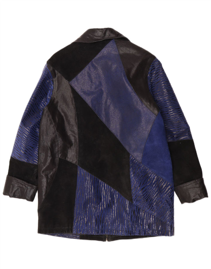 Sobretudo de camurça vintage feminino UK 12 couro colorblock azul médio