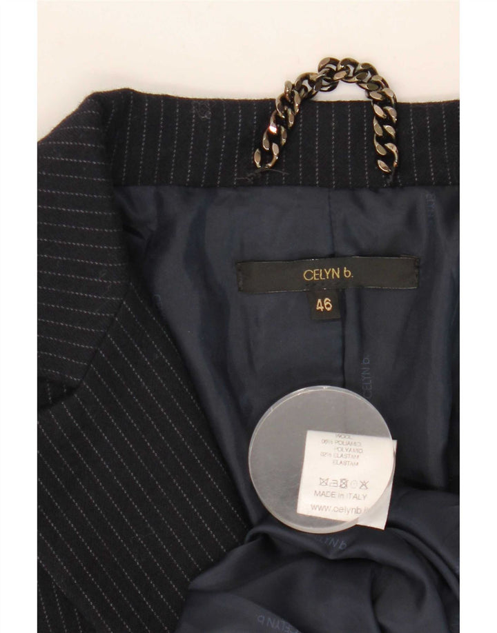 Jaqueta blazer feminina Celyn B cortada aberta IT 46 grande lã listrada azul marinho