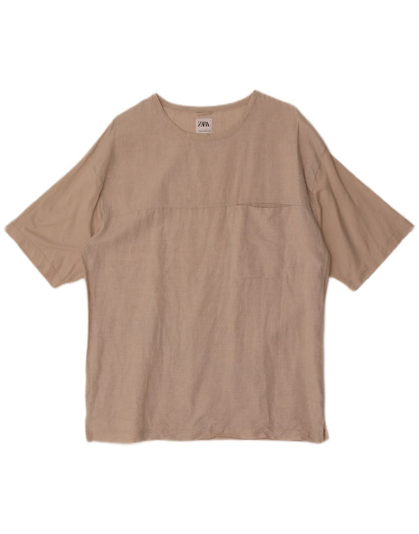 Camiseta masculina Zara Top grande algodão bege