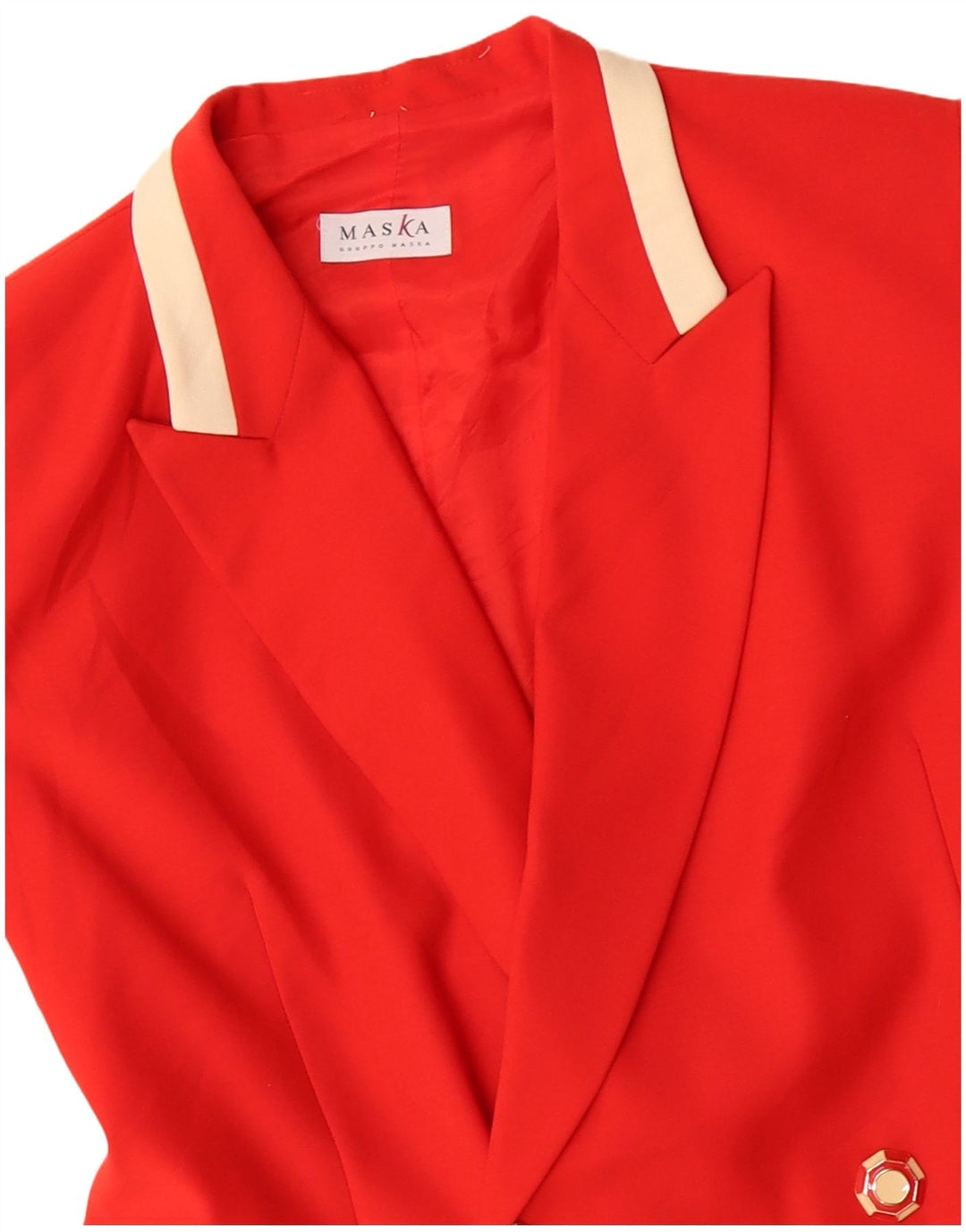 Casaco feminino Maska com peito duplo Reino Unido 14 lã virgem colorblock vermelho médio