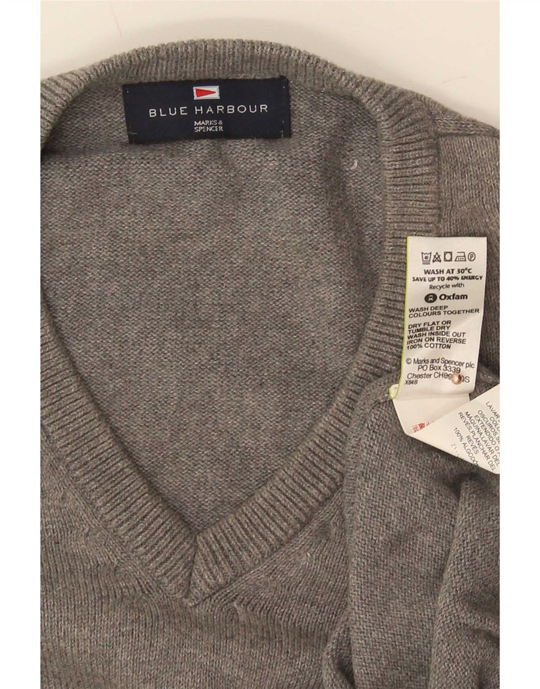 Suéter masculino Marks & Spencer Blue Harbor com decote em V, algodão cinza médio