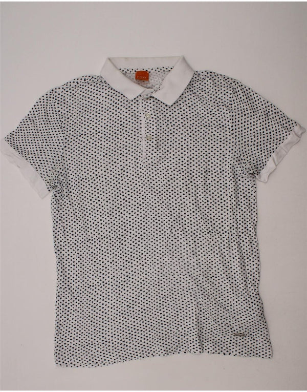 Camisa polo masculina HUGO BOSS pequena algodão manchado branco