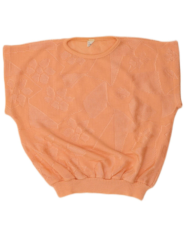 Suéter feminino vintage de manga curta com gola redonda IT 50 XL laranja floral