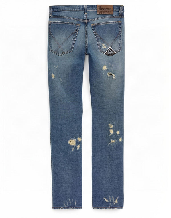 Calça jeans feminina Roy Rogers desgastada com bootcut W34 L32 algodão azul