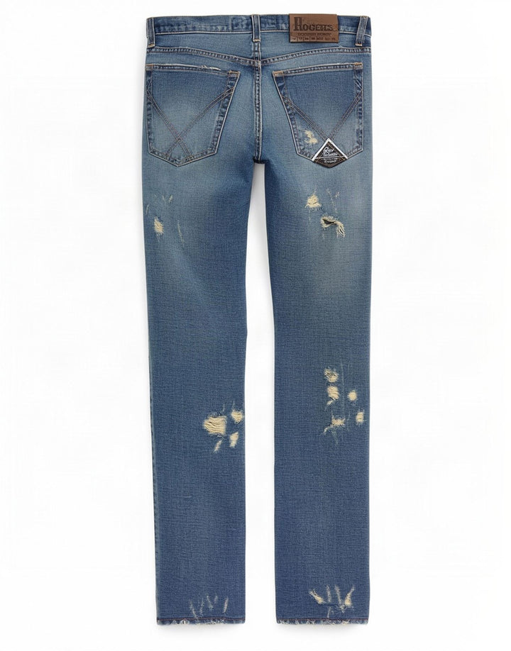 Calça jeans feminina Roy Rogers desgastada com bootcut W34 L32 algodão azul