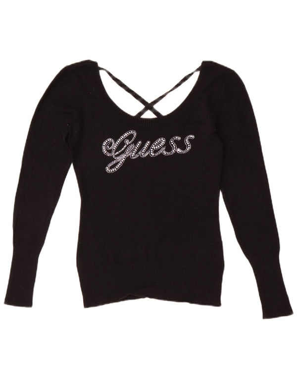 Blusa feminina Guess com estampa gráfica de manga comprida UK 8 pequena preta