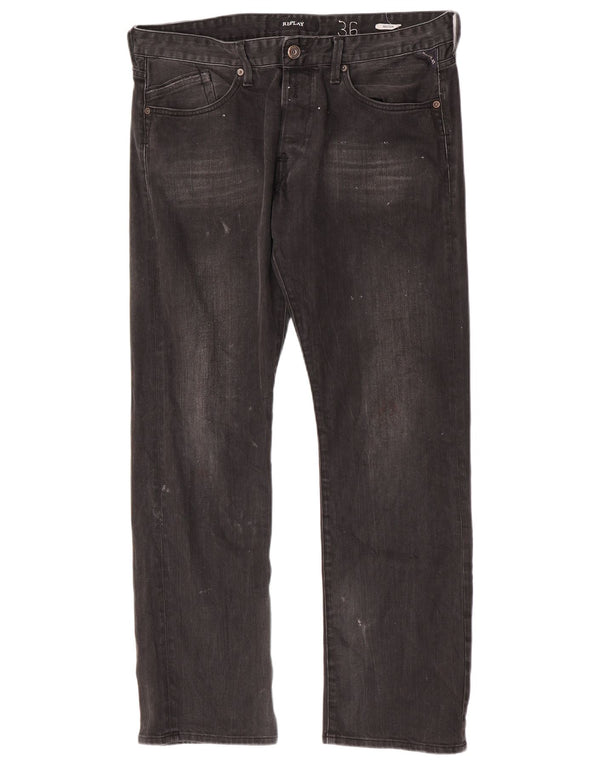 Replay Mens Waitom Straight Jeans W36 L32 Algodão Preto