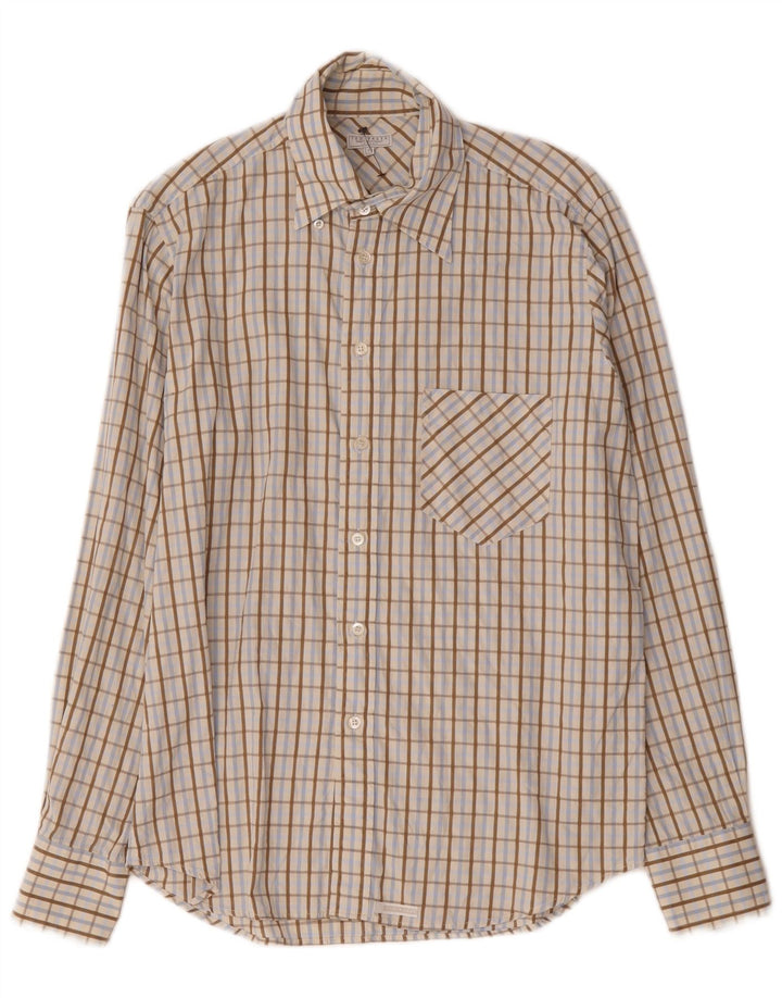 Camisa masculina Ted Baker tamanho 3 algodão xadrez bege médio