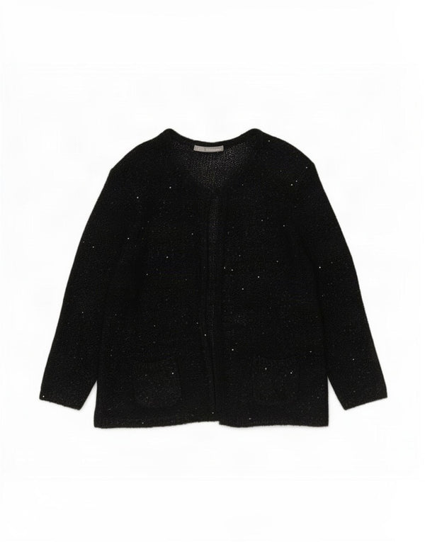 Suéter cardigã feminino Marks & Spencer Reino Unido 14 grande poliéster preto manchado