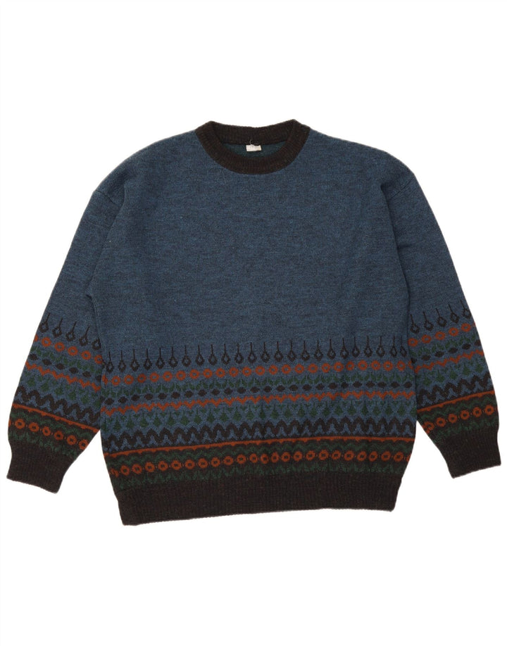 Suéter vintage masculino com gola redonda, médio azul Fair Isle