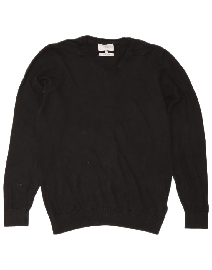 Suéter masculino Marks & Spencer de ajuste regular com decote em V, pequeno algodão preto