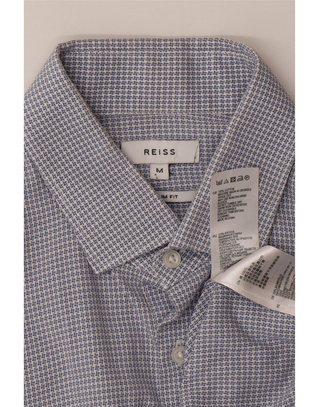 Camisa masculina Reiss Slim Fit médio azul houndstooth algodão