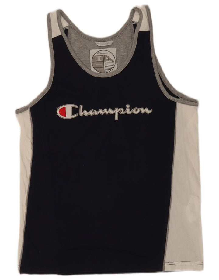 Colete gráfico masculino Champion Top médio azul marinho de algodão colorblock