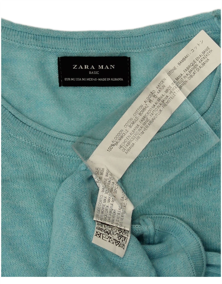 Zara Suéter masculino com gola redonda e algodão azul médio