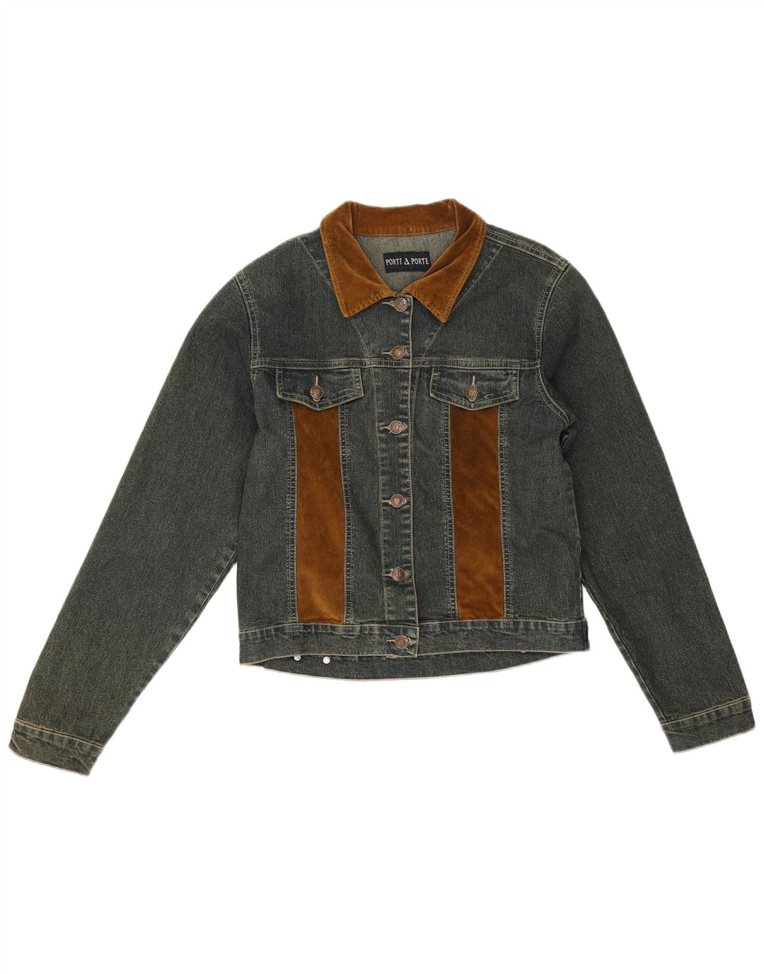 Jaqueta jeans feminina vintage Reino Unido 12 algodão colorblock azul médio