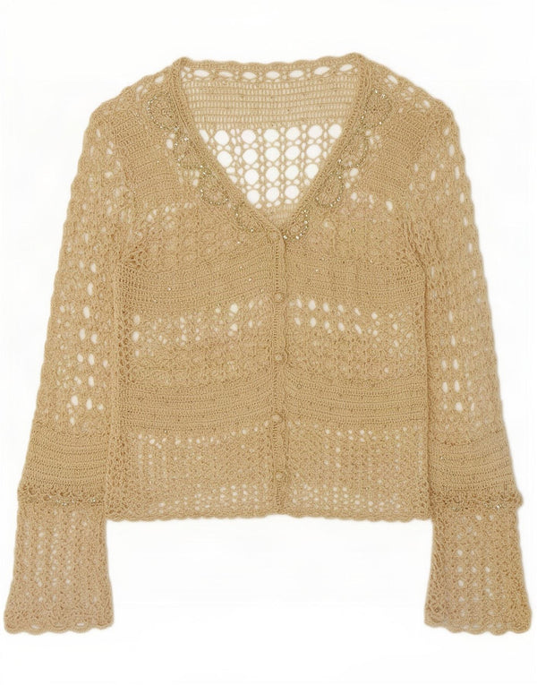 Cardigan feminino vintage de crochê transparente UK 16 grande bege