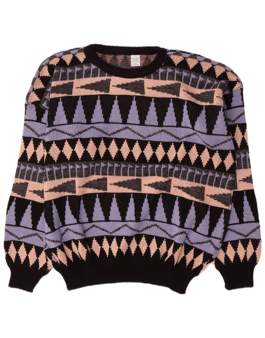 Suéter vintage masculino com gola redonda, grande acrílico geométrico multicolorido