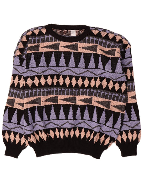 Suéter vintage masculino com gola redonda, grande acrílico geométrico multicolorido