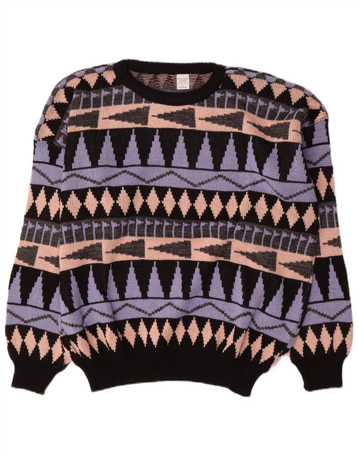 Suéter vintage masculino com gola redonda, grande acrílico geométrico multicolorido