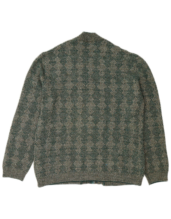 Suéter feminino vintage com zíper completo Reino Unido 16 grande verde geométrico