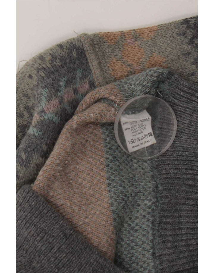 Suéter vintage masculino com gola redonda, grande lã Fair Isle cinza