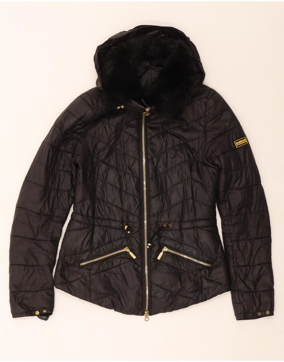 Jaqueta feminina acolchoada com capuz BARBOUR UK 8 pequena poliamida preta