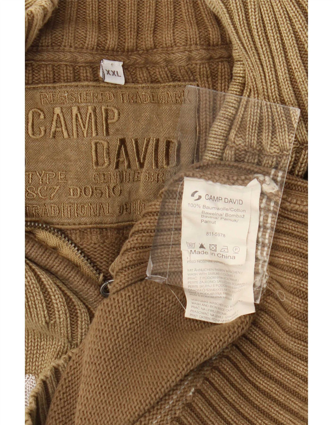 Suéter masculino Camp David com zíper e gola em algodão marrom 2XL