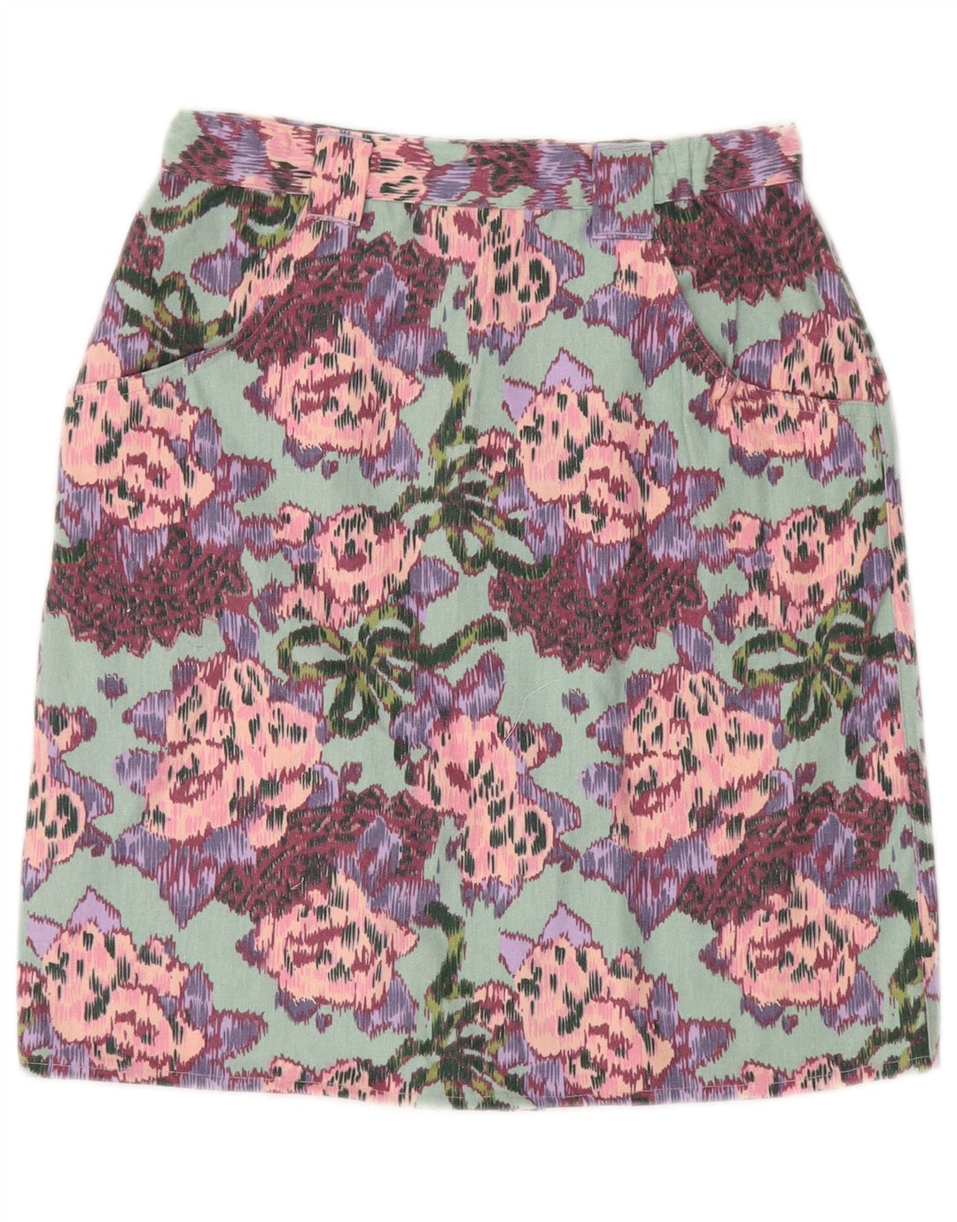 Saia reta feminina VINTAGE de cintura alta W28 algodão floral verde médio