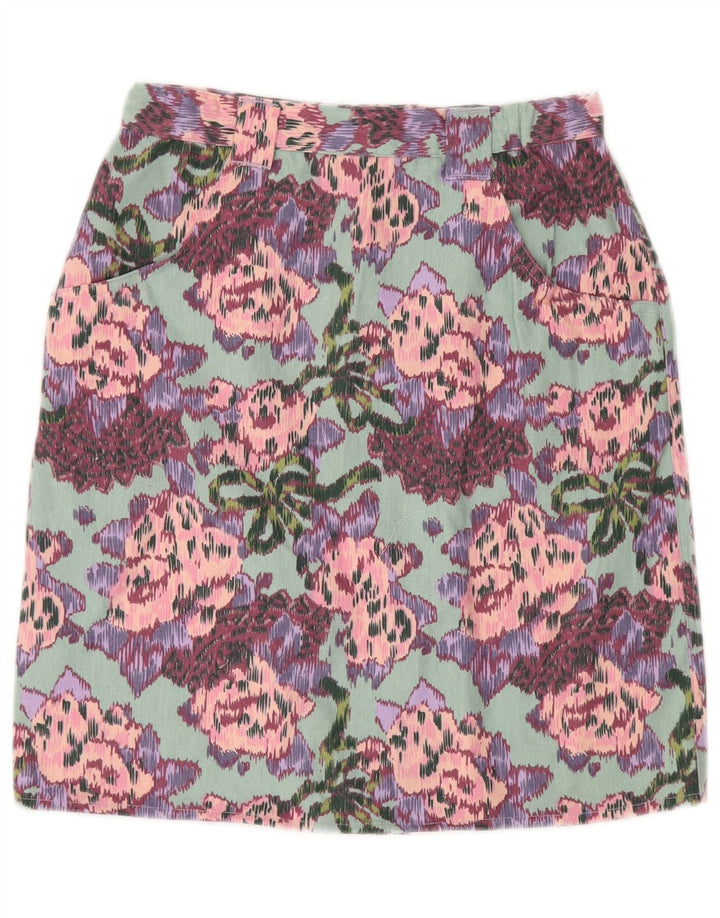 Saia reta feminina VINTAGE de cintura alta W28 algodão floral verde médio