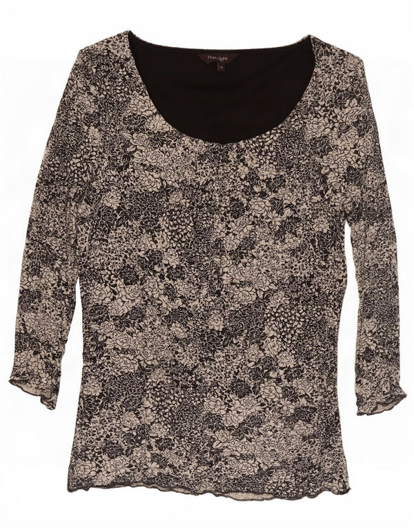 Top feminino Phase Eight manga 3/4 Reino Unido 16 grande viscose floral preta