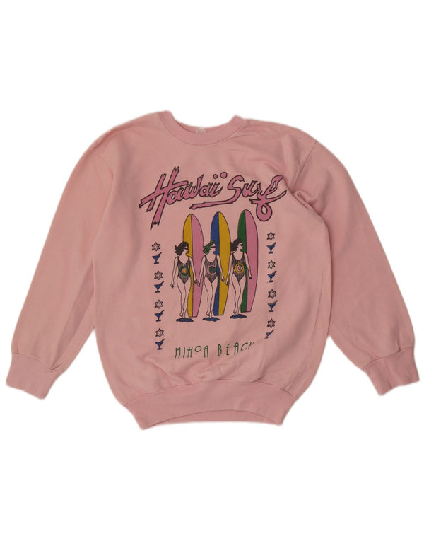 Suéter gráfico feminino vintage UK 14 médio rosa havaiano