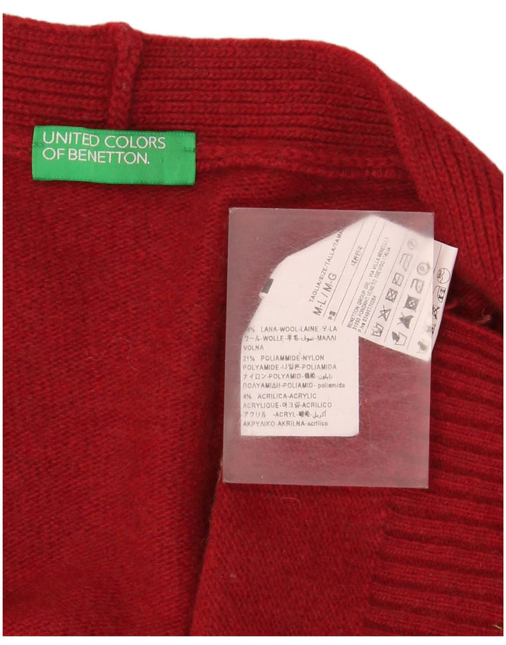 Suéter cardigã feminino oversized Benetton Reino Unido 14 lã listrada vermelha média
