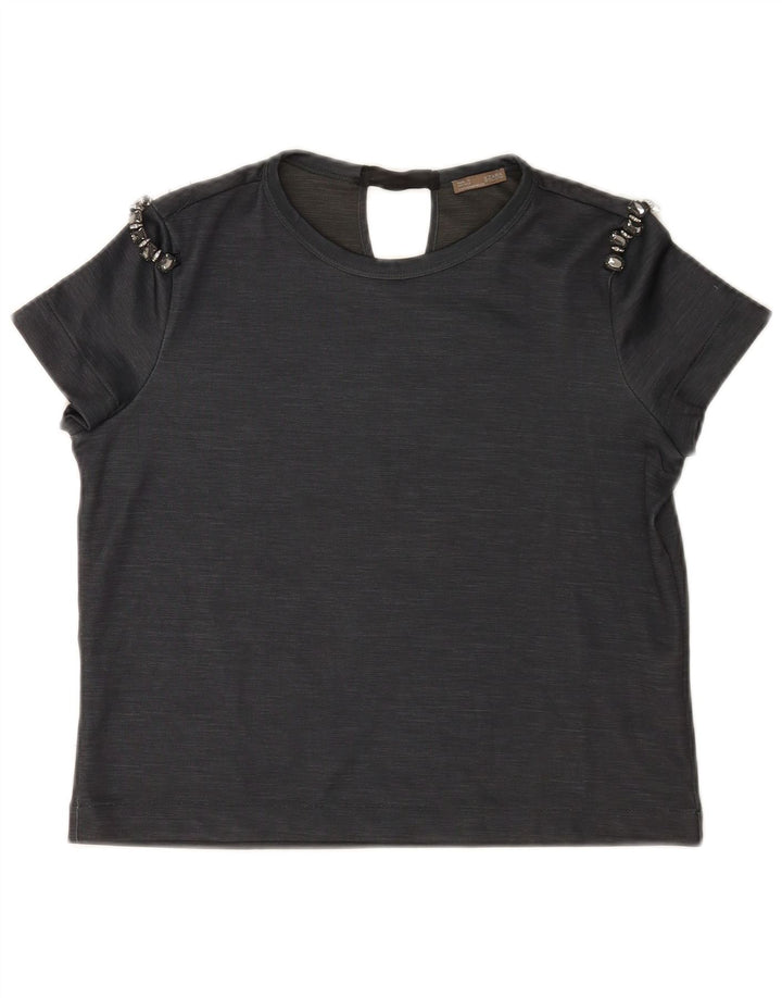 Camiseta feminina Zara Crop Top UK 14 poliéster cinza médio
