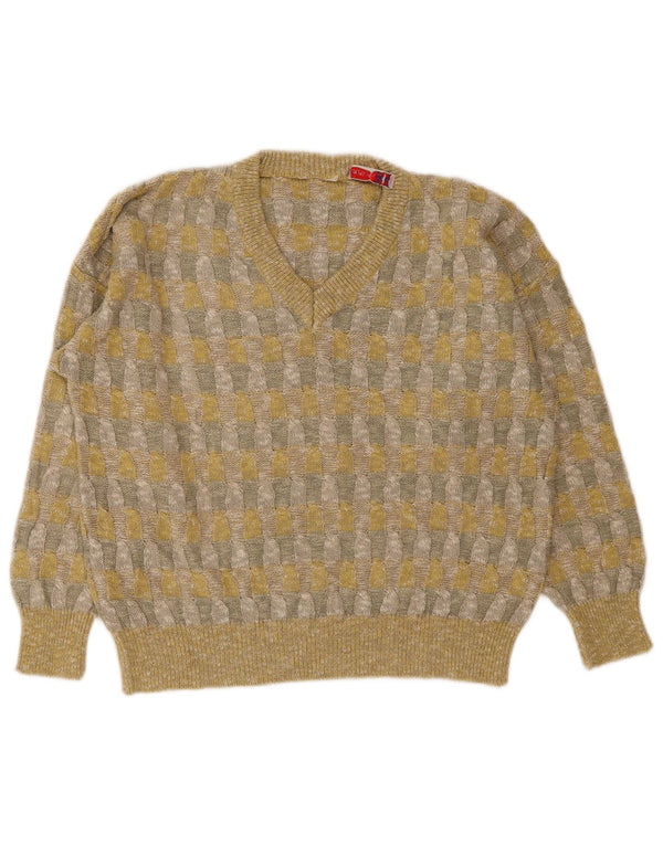 Suéter feminino vintage com decote em V UK 18 XL linho geométrico amarelo