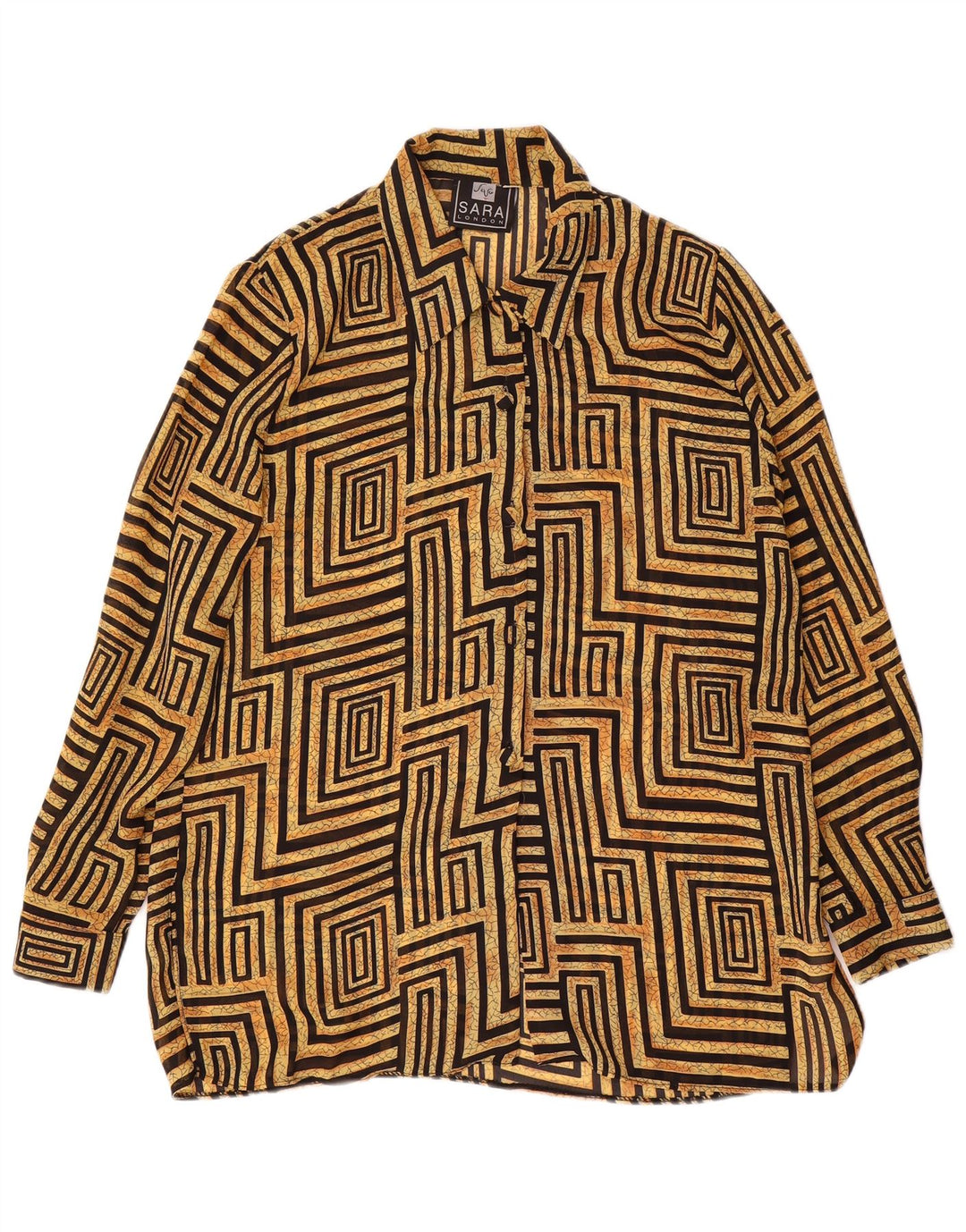 Blusa feminina vintage UK 14 grande poliéster geométrico bege