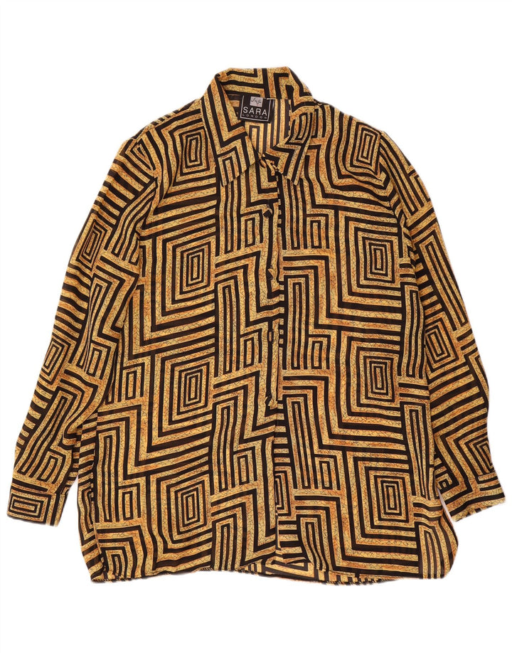 Blusa feminina vintage UK 14 grande poliéster geométrico bege