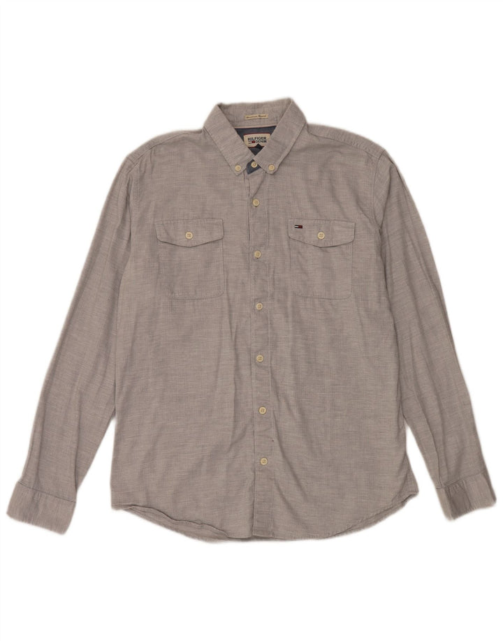 Camisa masculina Tommy Hilfiger grande algodão espinha de peixe cinza