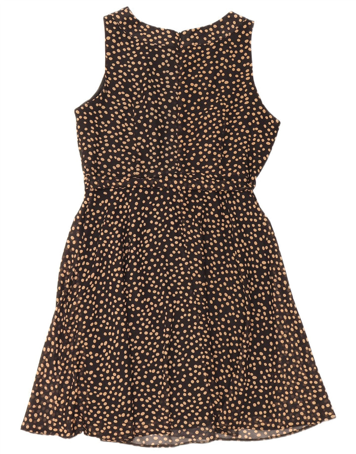 Vestido feminino Wallis sem mangas evasê UK 16 grande poliéster preto com bolinhas