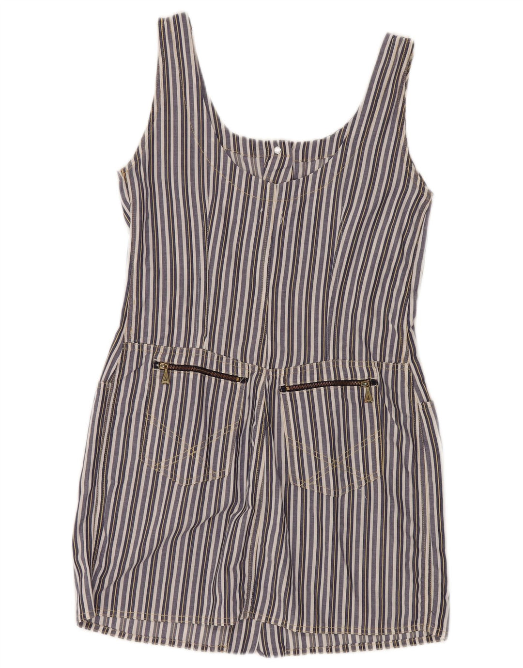 Vestido feminino VINTAGE sem mangas com bainha UK 8 pequeno listrado azul marinho